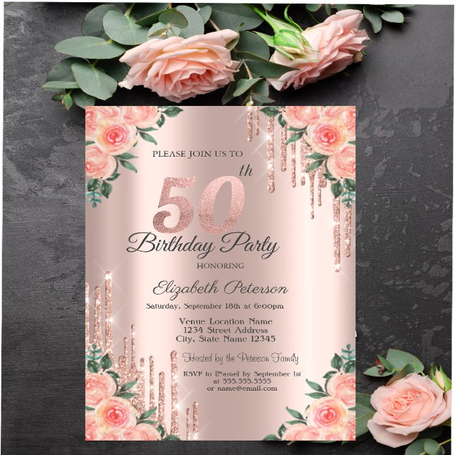 Convites Pingo de Brilho Moderno Dourado Rosa Floral 50º (Criador carregado)