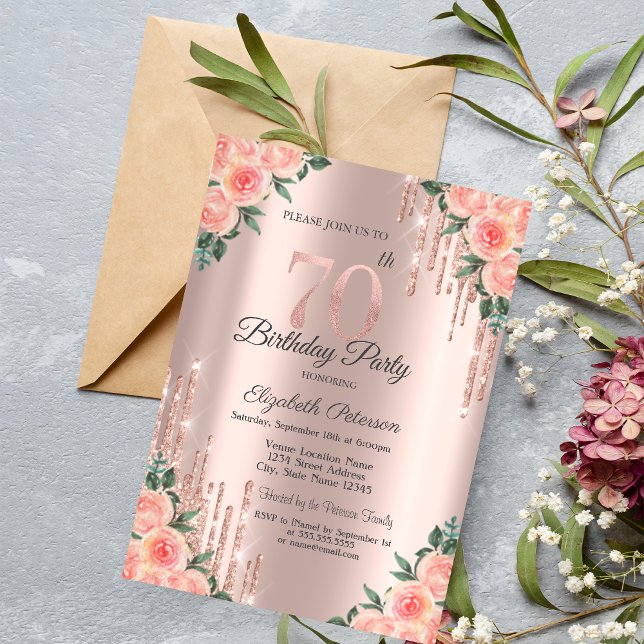 Convites Pingo de Brilho Moderno Floral Dourado Rosa 70º (Criador carregado)