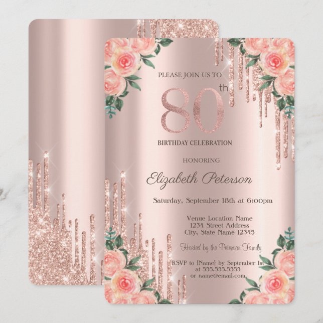 Convites Pingo de Brilho Moderno Floral Dourado Rosa 80º (Frente/Verso)