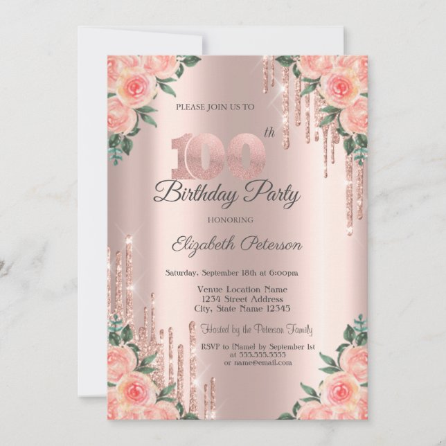 Convites Pingo de Brilho Moderno Floral Rosa Dourado 100º  (Frente)