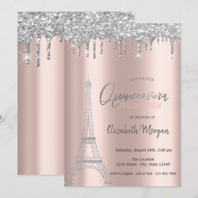 Convites Pingo de Brilho Prateado, Quinceanera Torre Eiffel (Frente/Verso)