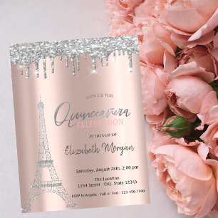 Convites Pingo de Brilho Prateado, Quinceanera Torre Eiffel