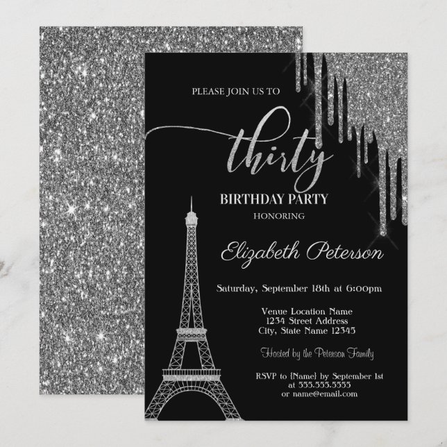 Convites Pingo de Brilho Prateado, Torre Eiffel Aniversário (Frente/Verso)
