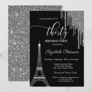 Convites Pingo de Brilho Prateado, Torre Eiffel Aniversário