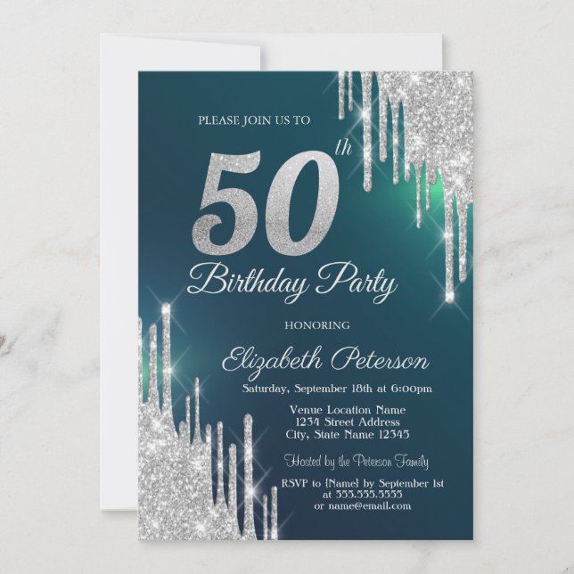 Convites Pingo de Brilho Prateado Verde Aniversário de 50 a (Frente)