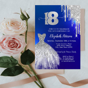 Convites Pingo de Brilho Prateado,Vestido Azul Aniversário