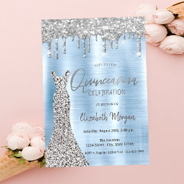 Convites Pingo de Brilho Prateado, Vestido Azul Quinceañera