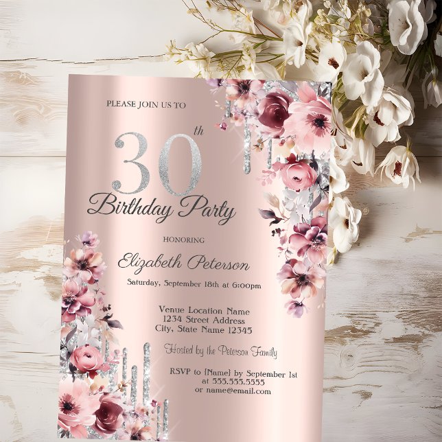 Convites Pingo de Brilho Rosa Dourado Floral 30º Aniversári (Criador carregado)