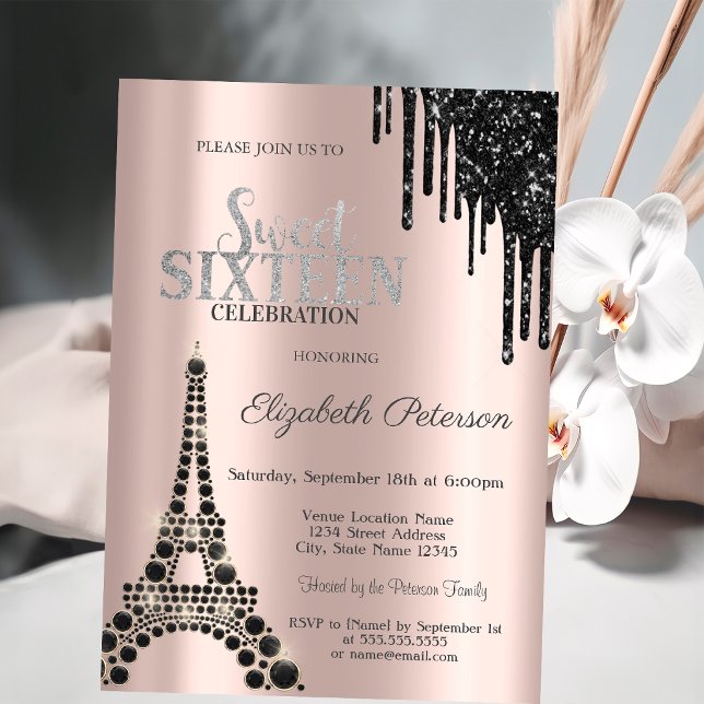 Convites Pingo de Brilho, Torre Eiffel Preta Sweet 16 (Criador carregado)