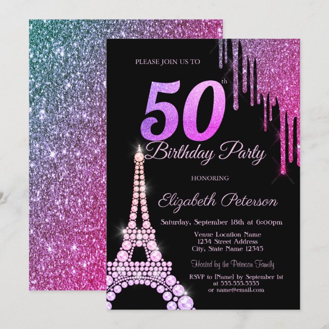 Convites Pingo de Brilho,Torre Eiffel Preto Aniversário de  (Frente/Verso)