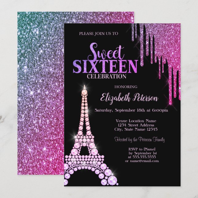 Convites Pingo de Brilho, Torre Eiffel Preto Sweet 16 (Frente/Verso)