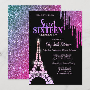 Convites Pingo de Brilho, Torre Eiffel Preto Sweet 16