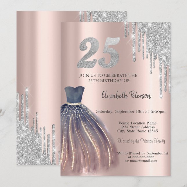 Convites Pingo de Brilho, Vestido Chique Aniversário de 25  (Frente/Verso)