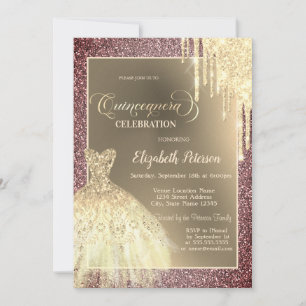 Convites Pingo de Brilho, Vestido Rosa Dourado Brilhante Qu