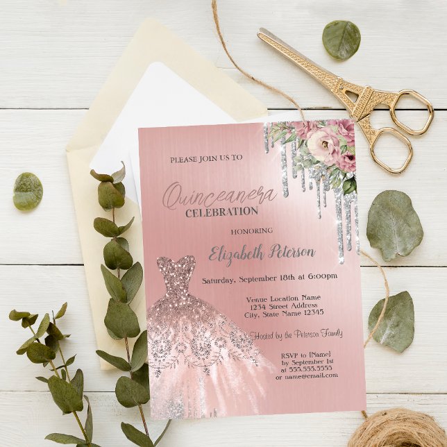 Convites Pingo de Prata, Flores de Vestido Rosa Quinceanera (Criador carregado)
