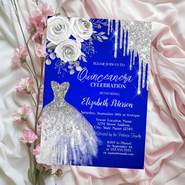Convites Pingo de Prata, Rosas Vestido Azul Real Quinceaner (Criador carregado)