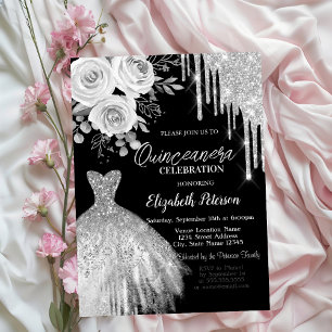 Convites Pingo de Prata, Rosas Vestido Preto Quinceanera