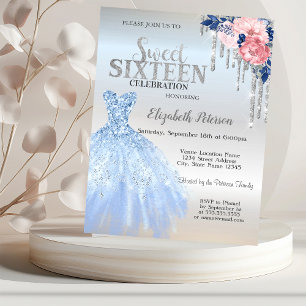 Convites Pingo de Purpurina Prata, Flores de Vestido Azul S
