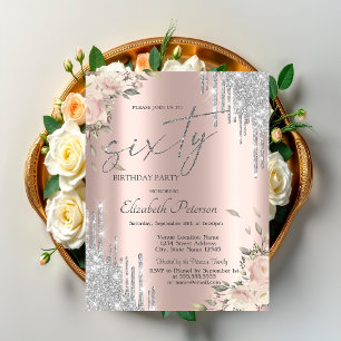 Convites Pingo de Purpurina Prata Flores Dourado Rosa 60º 