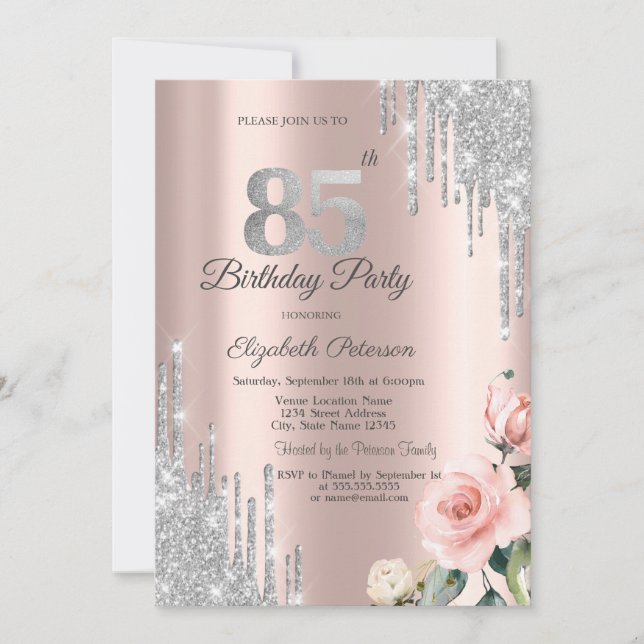 Convites Pingo de Purpurina Prateada Rosas Dourado Rosa 85º (Frente)