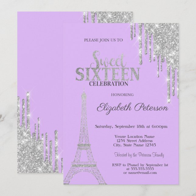 Convites Pingo de Purpurina Prateada, Torre Eiffel Sweet 16 (Frente/Verso)