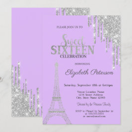 Convites Pingo de Purpurina Prateada, Torre Eiffel Sweet 16