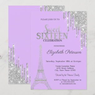 Convites Pingo de Purpurina Prateada, Torre Eiffel Sweet 16