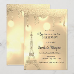 Convites Pingos de Brilho Elegantes, Torre Eiffel Dourada c