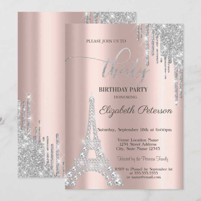 Convites Pingos de Prata, Diamantes Torre Eiffel Aniversári (Frente/Verso)