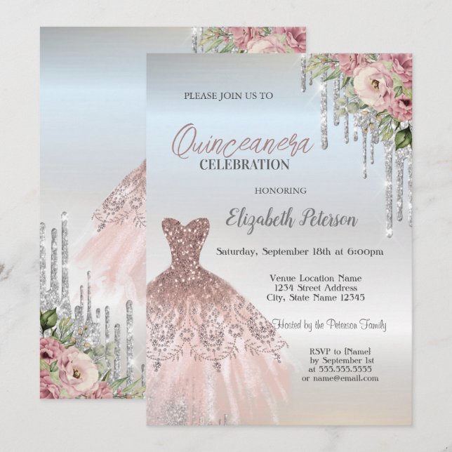 Convites Pingos de Prata, Rosas de Vestido Prata Quinceaner (Frente/Verso)
