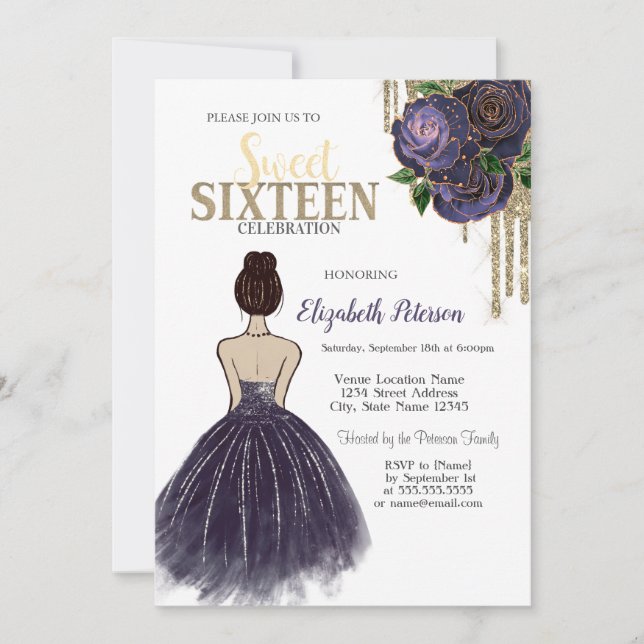 Convites Pingos, Vestido Roxo, Rosas Sweet 16 (Frente)