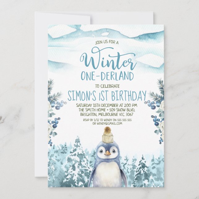 Convites Pinguim Cute Winter Onederland Birthday (Frente)