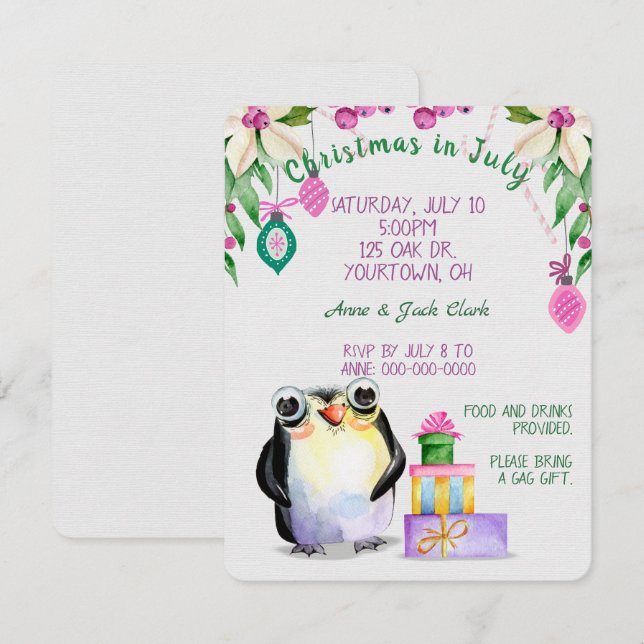 Convites pinguim e presentes para o Natal na festa de julho (Frente/Verso)