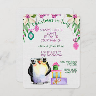 Convites pinguim e presentes para o Natal na festa de julho