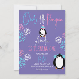 Convites Pinguim Flocos de Neve Rosa primeiro aniversario V