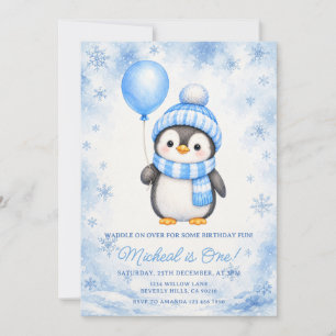 Convites Pinguim Inverno Azul Floco de Neve 1º Aniversário