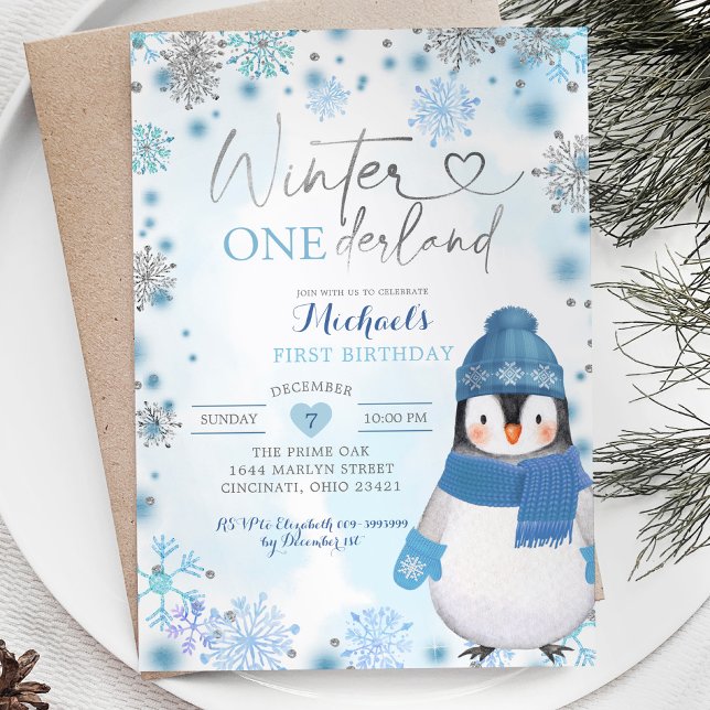 Convites Pinguim Inverno Flocos de Neve Onederland Aniversá (Criador carregado)