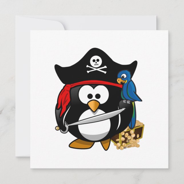 Convites Pinguim Pirata Bonito com Treasure Chest (Frente)
