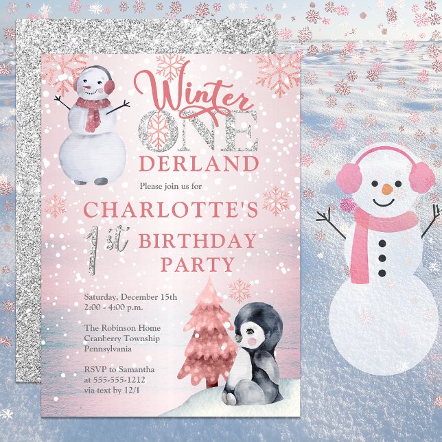 Convites Pinguim | primeiro aniversario Snowman Winter ONEd (Pink Winter "One"derland Onederland Wonderland Girl's 1st Birthday Party Invitation -Print | Digital)