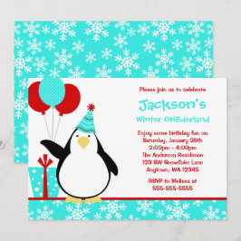 Convites Pinguim Teal Snowflakes Winter Onederland Birthday