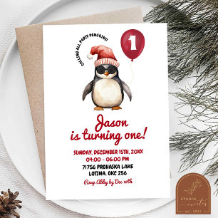 Convites Pinguim Vermelho de Inverno Legal Primeiro Anivers