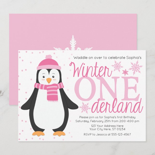Convites Pinguin Winter ONE Derland Birthday Invitation (Frente/Verso)