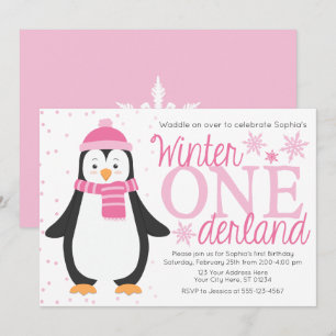 Convites Pinguin Winter ONE Derland Birthday Invitation