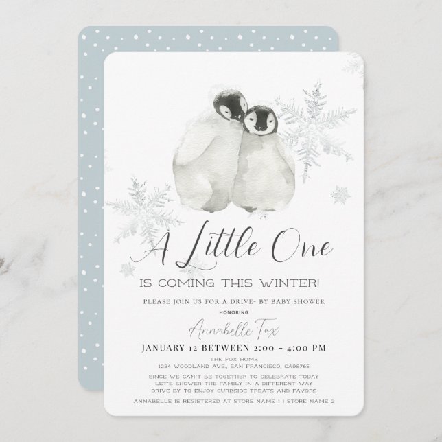 Convites Pinguin Winter Snowflake Blue Drive-by Chá de fral (Frente/Verso)