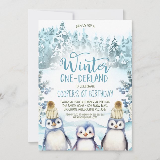 Convites Pinguins Árcticos Winter Onederland Birthday (Frente)