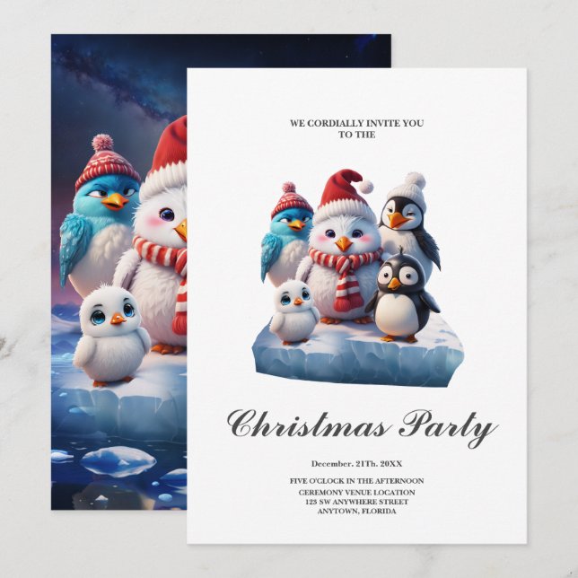 Convites Pinguins bonitos estilo cartoon, amigos. (Frente/Verso)