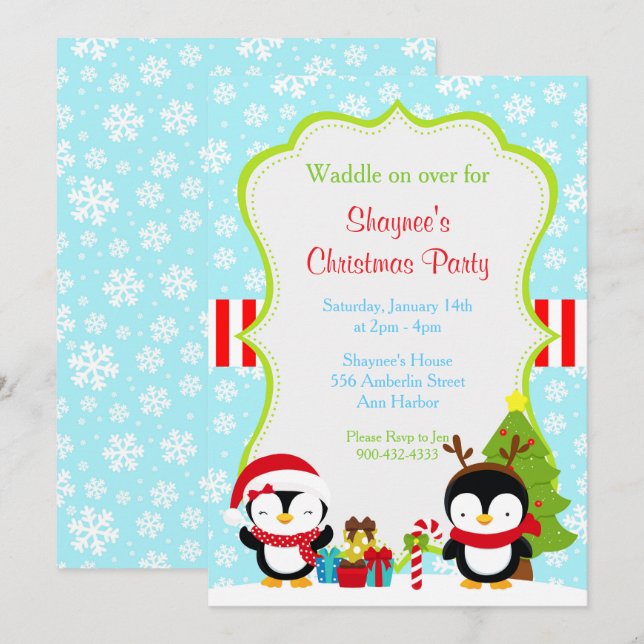 Convites Pinguins Cachorros de inverno de Natal (Frente/Verso)