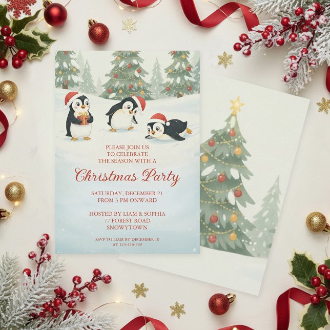 Convites Pinguins de Natal em Floresta de Água-marinha Fofa (Criador carregado)