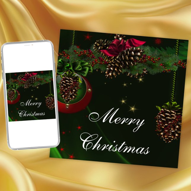 Convites Pinhas Verdes Vermelhas Elegantes Festa de Natal (Pinecone ornaments Christmas party invitation. Instant download and printed invitations available.)