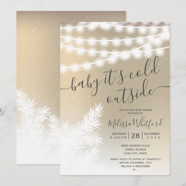 Convites Pinheiro de neve dourado luzes chá de fraldas (Frente/Verso)
